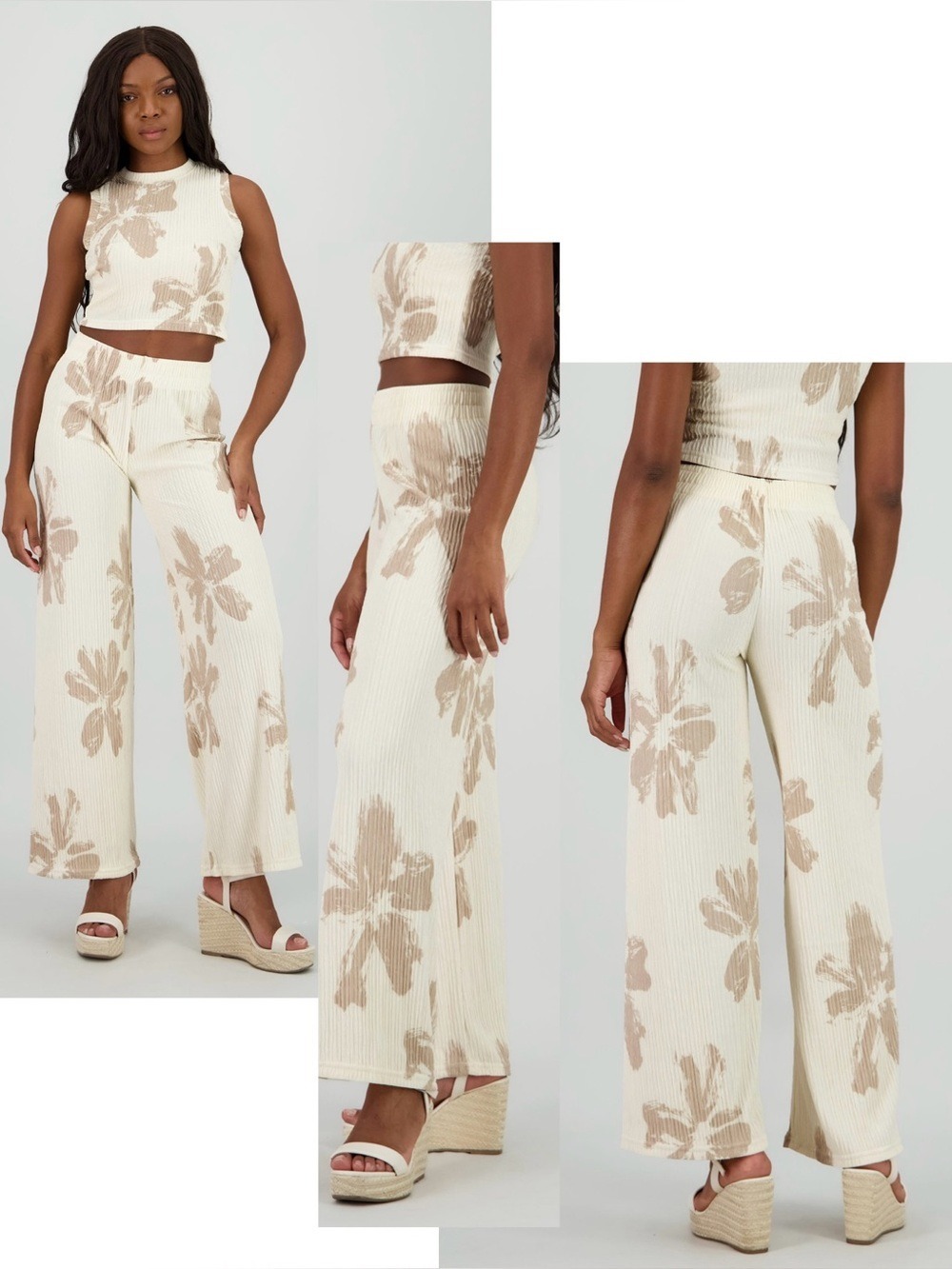 Love Poem floral texture resort trousers dress pants cream taupe brown M NWOT